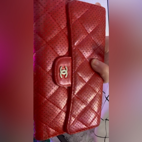 EUC Chanel Red Perforated Leather Snap Closure Trifold Wallet Custom Shimmer - Picture 8 of 16